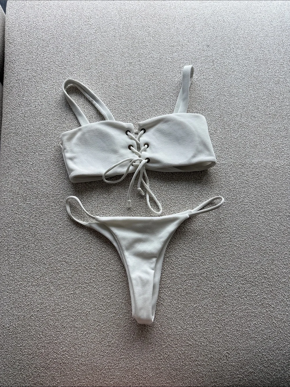 Zaful White Lace-Up Ribbed Bikini Set